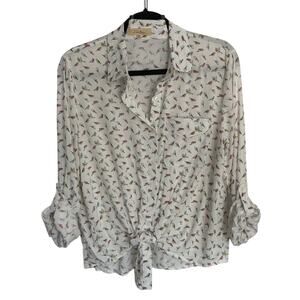Love Notes Bird Print Tie Front Blouse NWOT Size XL Lightweight Button Up